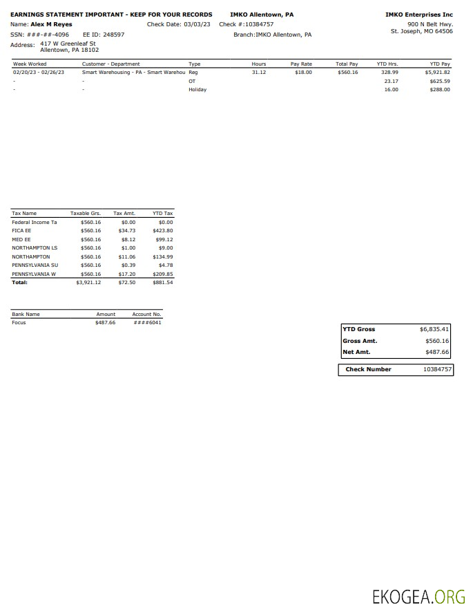 IMKO Enterprises Inc, talon de paie